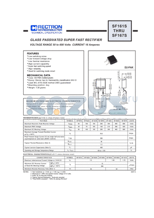 SF162S datasheet - GLASS PASSIVATED SUPER FAST RECTIFIER VOLTAGE RANGE 50 to 600 Volts CURRENT 16 Amperes