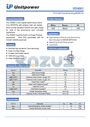 UD4001 datasheet - P-Ch 40V Fast Switching MOSFETs