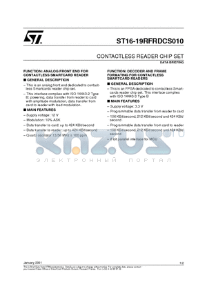 ST16-19RFRDCS010 datasheet - CONTACTLESS READER CHIP SET