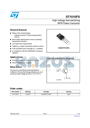 ST1510FX datasheet - High voltage fast-switching NPN Power transistor