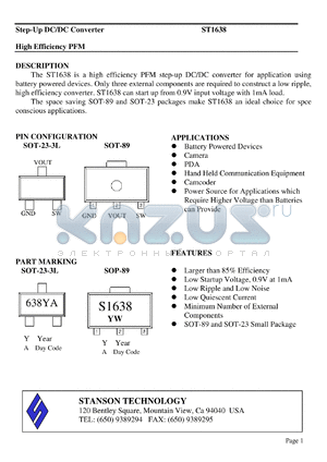 ST1638-XXS89 datasheet - Step-Up DC/DC Converter High Efficiency PFM