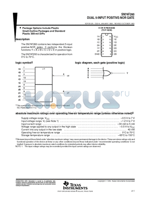 SN74F260 datasheet - DUAL 5-INPUT POSITIVE-NOR GATE