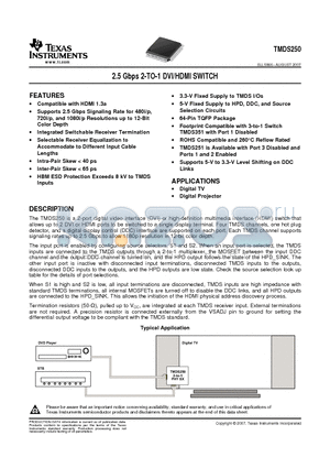 TMDS250 datasheet - 2.5 Gbps 2-TO-1 DVI/HDMI SWITCH