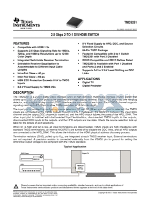 TMDS251 datasheet - 2.5 Gbps 2-TO-1 DVI/HDMI SWITCH