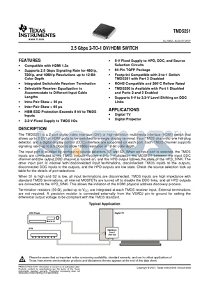 TMDS251PAGR datasheet - 2.5 Gbps 2-TO-1 DVI/HDMI SWITCH