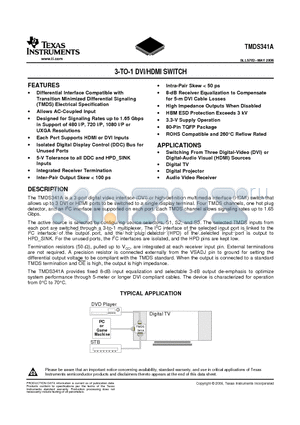 TMDS341APFCRG4 datasheet - 3-TO-1 DVI/HDMI SWITCH
