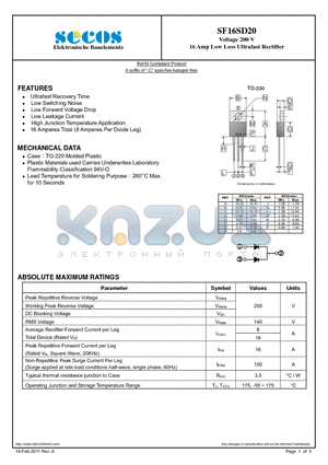 SF16SD20 datasheet - 16 Amp Low Loss Ultrafast Rectifier