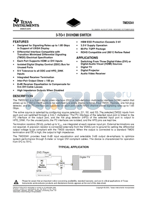 TMDS341PFCRG4 datasheet - 3-TO-1 DVI/HDMI SWITCH
