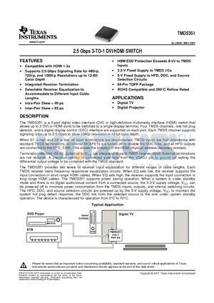 TMDS351 datasheet - 2.5 Gbps 3-TO-1 DVI/HDMI SWITCH