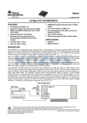 TMDS351PAG datasheet - 2.5 Gbps 3-TO-1 DVI/HDMI SWITCH