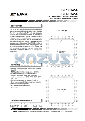 ST16C454IJ68 datasheet - QUAD UNIVERSAL ASYNCHRONOUS RECEIVER/TRANSMITTER (UART)