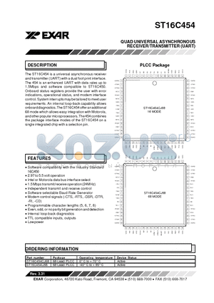 ST16C454IJ68 datasheet - QUAD UNIVERSAL ASYNCHRONOUS RECEIVER/TRANSMITTER (UART)