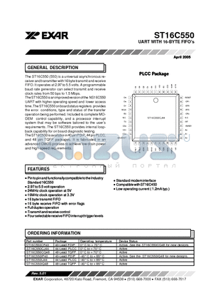 ST16C550IJ44 datasheet - UART WITH 16-BYTE FIFOs