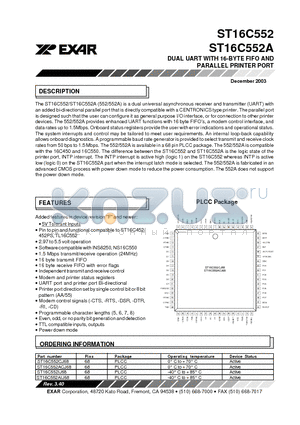 ST16C552ACJ68 datasheet - DUAL UART WITH 16-BYTE FIFO AND PARALLEL PRINTER PORT