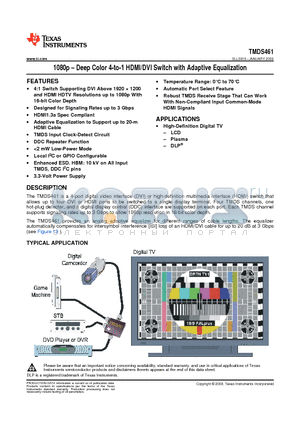 TMDS461 datasheet - 1080p  Deep Color 4-to-1 HDMI/DVI Switch with Adaptive Equalization