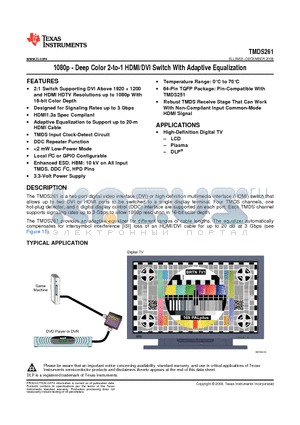 TMDS261PAG datasheet - 1080p - Deep Color 2-to-1 HDMI/DVI Switch With Adaptive Equalization