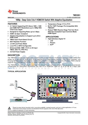 TMDS261PAGR datasheet - 1080p - Deep Color 2-to-1 HDMI/DVI Switch With Adaptive Equalization