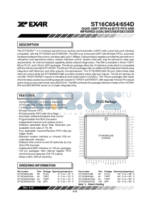 ST16C654IJ68 datasheet - QUAD UART WITH 64-BYTE FIFO AND INFRARED (IrDA) ENCODER/DECODER