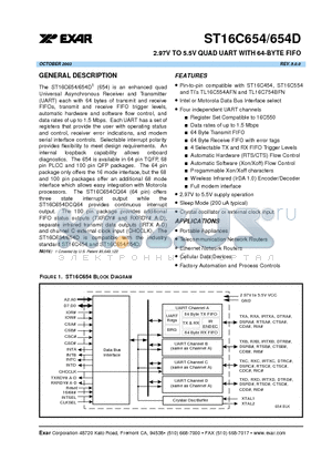 ST16C654D datasheet - 2.97V TO 5.5V QUAD UART WITH 64-BYTE FIFO