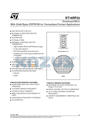 ST16RF52 datasheet - Smartcard MCU With 2048 Bytes EEPROM for Contactless/Contact Applications
