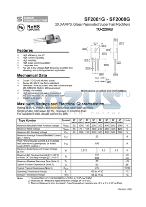 SF2001G datasheet - 20.0 AMPS. Glass Passivated Super Fast Rectifiers