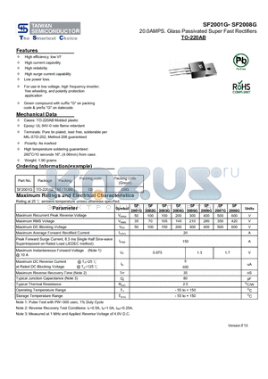 SF2001G datasheet - 20.0AMPS. Glass Passivated Super Fast Rectifiers