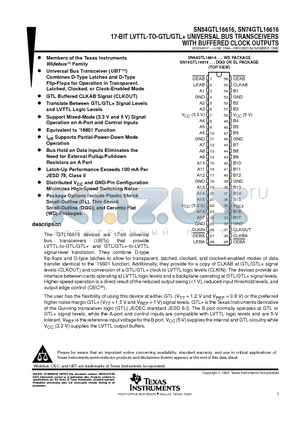 SN74GTL16616DL datasheet - 17-BIT LVTTL-TO-GTL/GTL UNIVERSAL BUS TRANSCEIVERS WITH BUFFERED CLOCK OUTPUTS