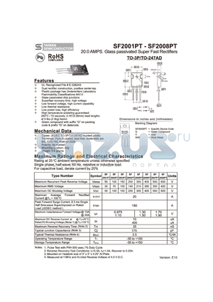 SF2001PT datasheet - 20.0 AMPS. Glass Passivated Super Fast Rectifiers