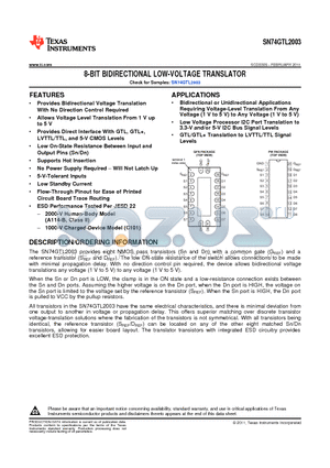 SN74GTL2003PW datasheet - 8-BIT BIDIRECTIONAL LOW-VOLTAGE TRANSLATOR