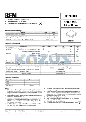 SF2008D datasheet - 930.5 MHz SAW Filter