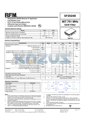 SF2024B datasheet - 467.751 MHz SAW Filter