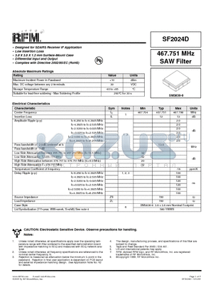 SF2024D datasheet - 467.751 MHz SAW Filter