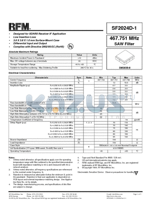 SF2024D-1 datasheet - 467.751 MHz SAW Filter