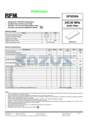 SF2030A datasheet - 243.95 MHz SAW Filter