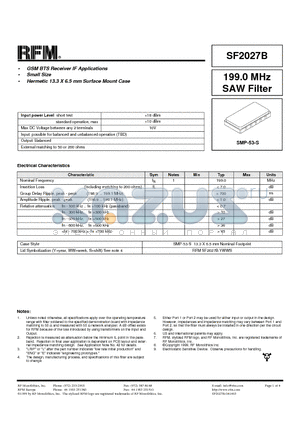 SF2027B datasheet - 199.0 MHz SAW Filter