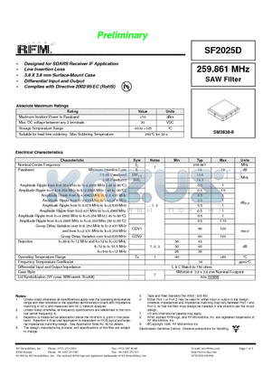 SF2025D datasheet - 259.861 MHz SAW Filter