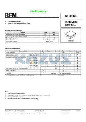 SF2036E datasheet - 1880 MHz SAW Filter