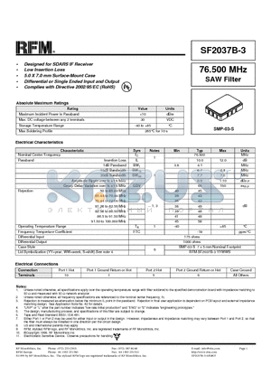 SF2037B-3 datasheet - Designed for SDARS IF Receiver