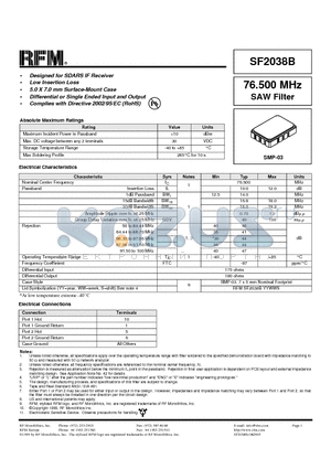 SF2038B datasheet - Designed for SDARS IF Receiver