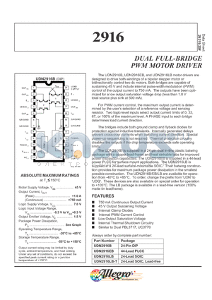 UDN2916B datasheet - DUAL FULL-BRIDGE PWM MOTOR DRIVER