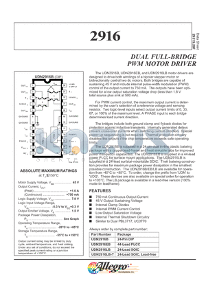 UDN2916 datasheet - DUAL FULL-BRIDGE PWM MOTOR DRIVER