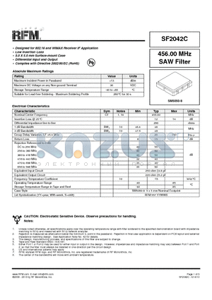 SF2042C datasheet - 456.00 MHz SAW Filter