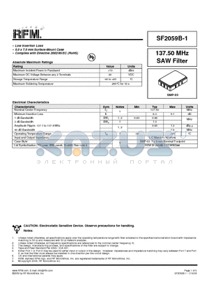 SF2059B-1 datasheet - Low Insertion Loss