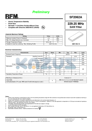 SF2062A datasheet - 229.25 MHz SAW Filter