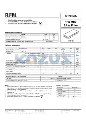 SF2064A datasheet - 156 MHz SAW Filter