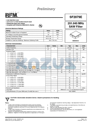 SF2079E datasheet - 251.045 MHz SAW Filter