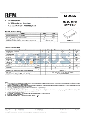 SF2085A datasheet - Low Insertion Loss