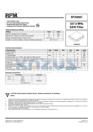 SF2089C datasheet - 327.5 MHz SAW Filter