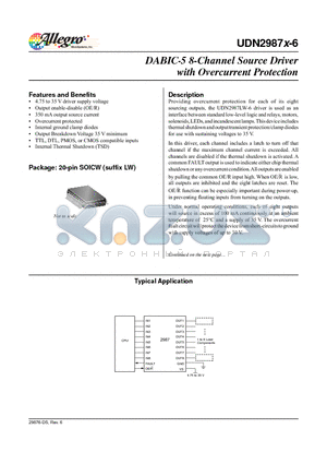 UDN2987X-6_12 datasheet - Providing overcurrent protection for each of its eight sourcing outputs, the UDN2987LW-6 driver is used as an..