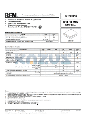 SF2072C datasheet - Designed for Broadband Receiver IF Applications